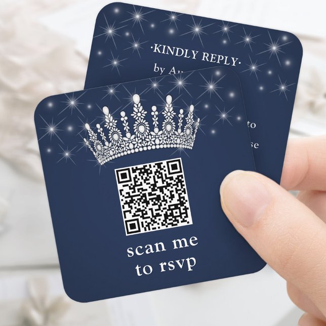 Tarjeta De Recepción Scan Me RSVP QR Code Quinceañera Crown Navy Blue (Subido por el creador)