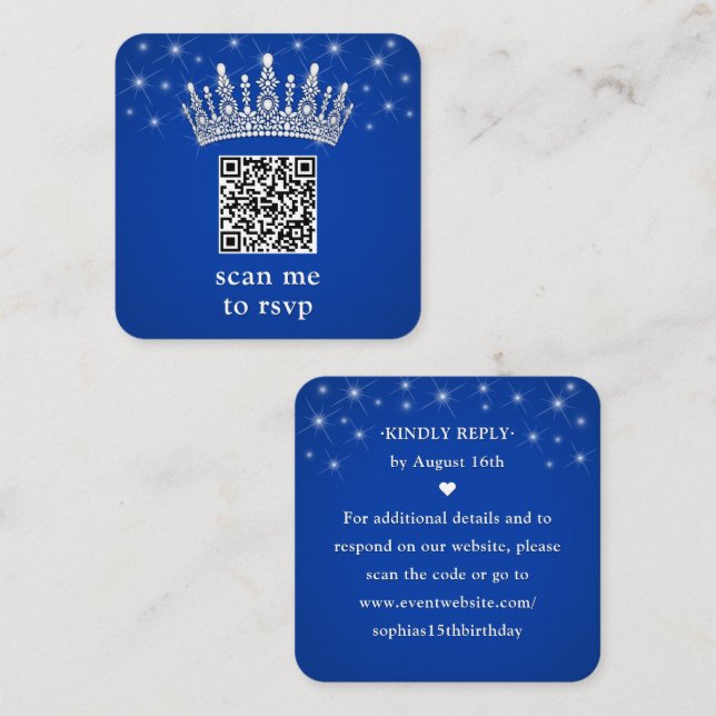 Tarjeta De Recepción Scan Me RSVP QR Code Quinceañera Crown Royal Blue (Anverso / Reverso)