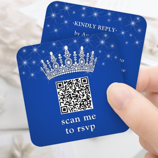 Tarjeta De Recepción Scan Me RSVP QR Code Quinceañera Crown Royal Blue (Subido por el creador)