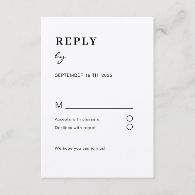 Tarjeta De Recepción Schlicht moderne Weiß Schwarz RSVP Begleitkarte (Anverso)
