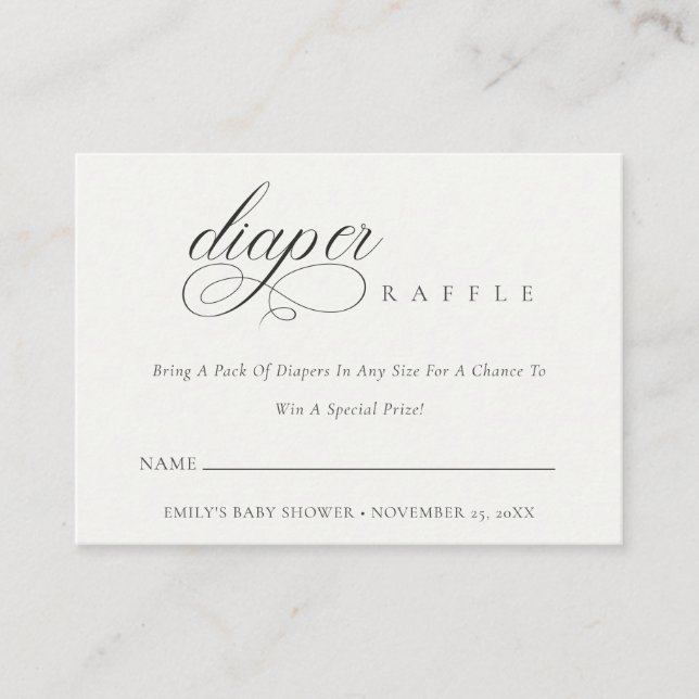 Tarjeta De Recepción Script Black White Diaper Raffle Baby Shower (Anverso)
