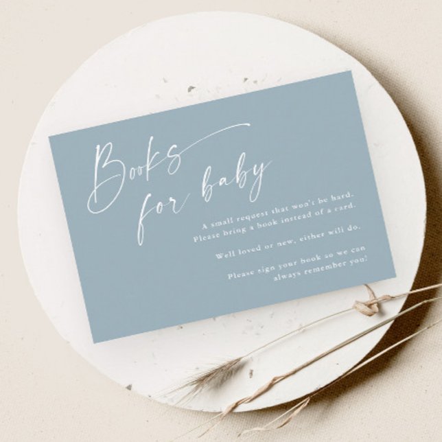 Tarjeta De Recepción Script Books for Baby Boys Baby Shower (Modern script dusty blue boys baby shower books for baby enclosure card.)