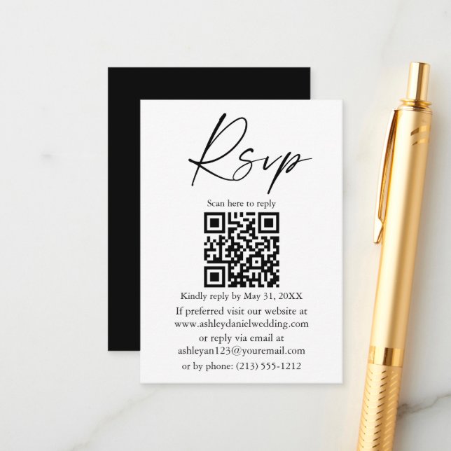 Tarjeta De Recepción Script de tinta de caligrafía boda QR Black RSVP (Anverso/Reverso In Situ)