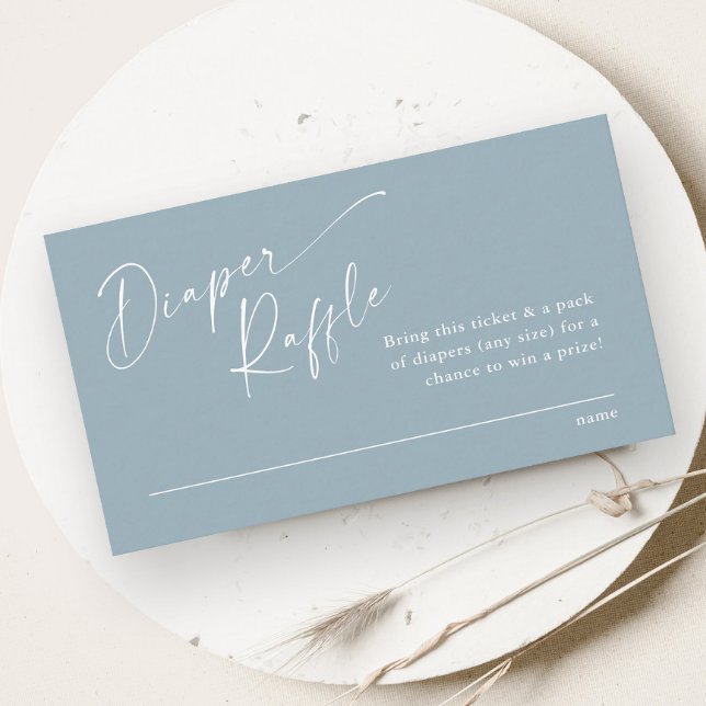 Tarjeta De Recepción Script Diaper Raffle Boys Baby Shower (Modern script dusty blue boys baby shower diaper raffle enclosure card.)