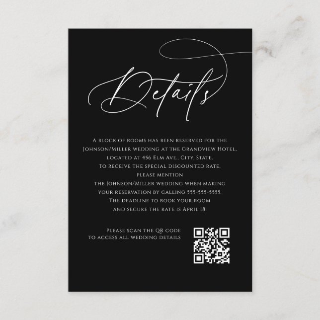 Tarjeta De Recepción Script Monogram Wedding Details Black QR Code (Anverso)