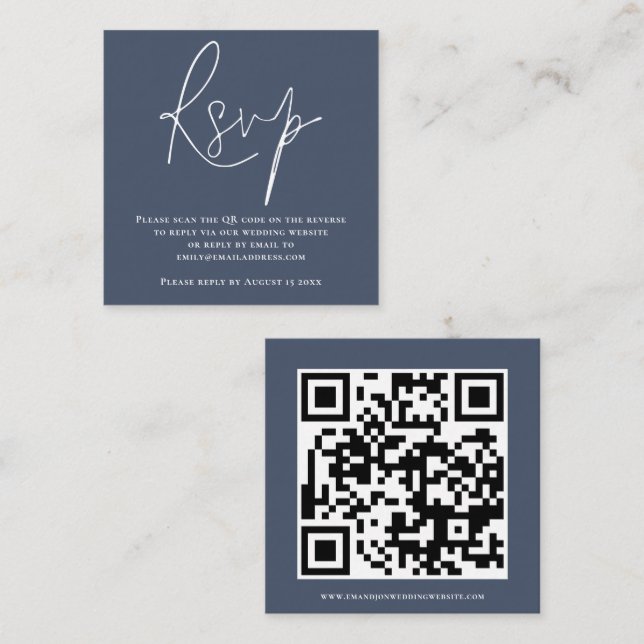Tarjeta De Recepción Script QR Boda de código Dusty Navy Blue RSVP (Anverso / Reverso)