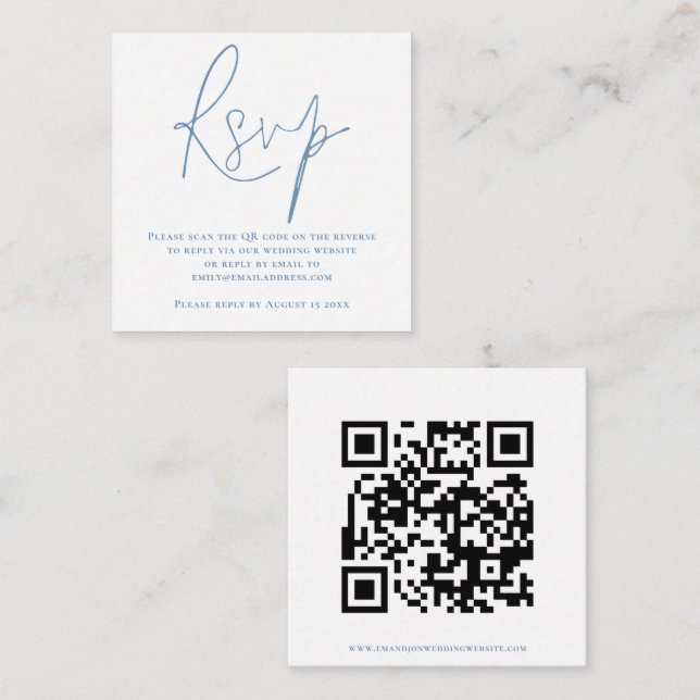 Tarjeta De Recepción Script QR Code Boda Blue White RSVP (Anverso / Reverso)