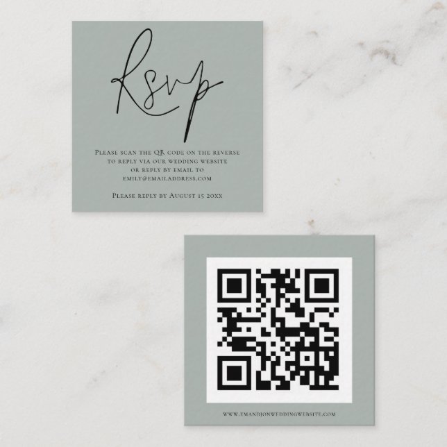 Tarjeta De Recepción Script QR Código Sage Boda verde RSVP Gabinete (Anverso / Reverso)