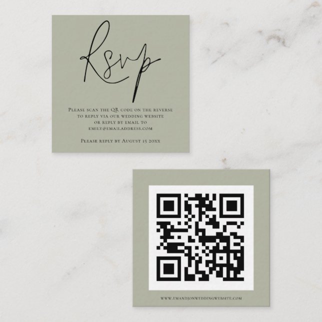 Tarjeta De Recepción Script QR Código Soft Sage Green Wedding RSVP (Anverso / Reverso)