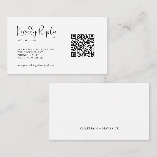 Tarjeta De Recepción Script simple código QR Boda RSVP (Anverso / Reverso)