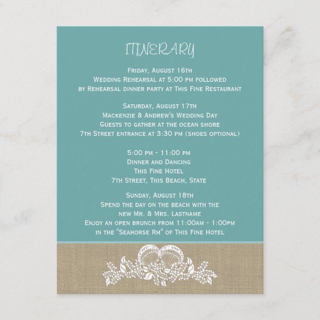 Tarjeta De Recepción Sea Garland Beach Wedding Itinerary (Anverso)