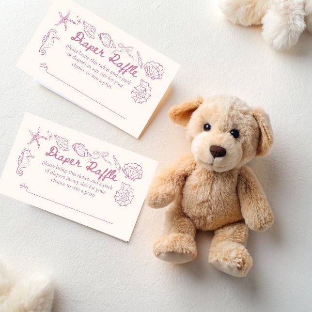 Tarjeta De Recepción Sea you soon seashells baby shower diaper raffle (Sea you soon pink seashells baby shower diaper raffle cards hand drawn seashell raffle tickets)