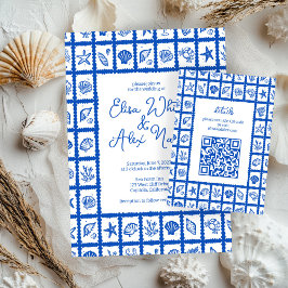 Tarjeta De Recepción Seashell Grid Beach Wedding PERSONALIZADO QR Code
