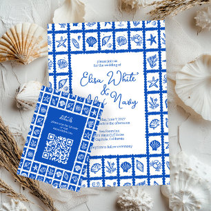 Tarjeta De Recepción Seashell Grid Beach Wedding PERSONALIZADO QR Code