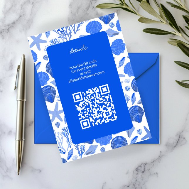 Tarjeta De Recepción Seashells Bridal Shower Moda Blue Beach PERSONALIZ (Seashells Bridal Shower Chic Blue Beach CUSTOM QR Enclosure Card
)