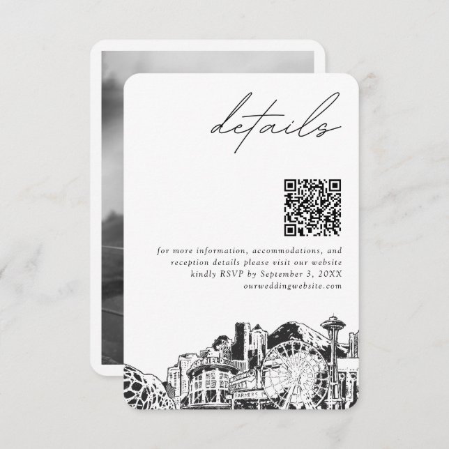 Tarjeta De Recepción Seattle Boda detalla el código QR pequeño (Anverso / Reverso)