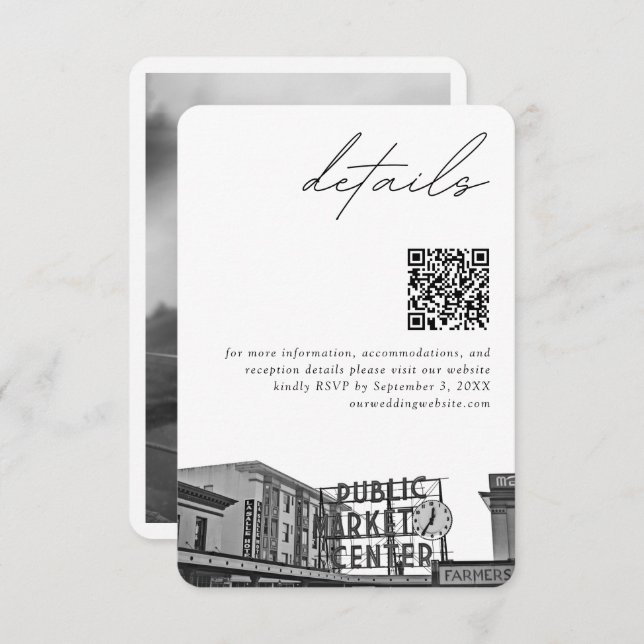 Tarjeta De Recepción Seattle Boda Pikes Place Detalles del código QR Sm (Anverso / Reverso)