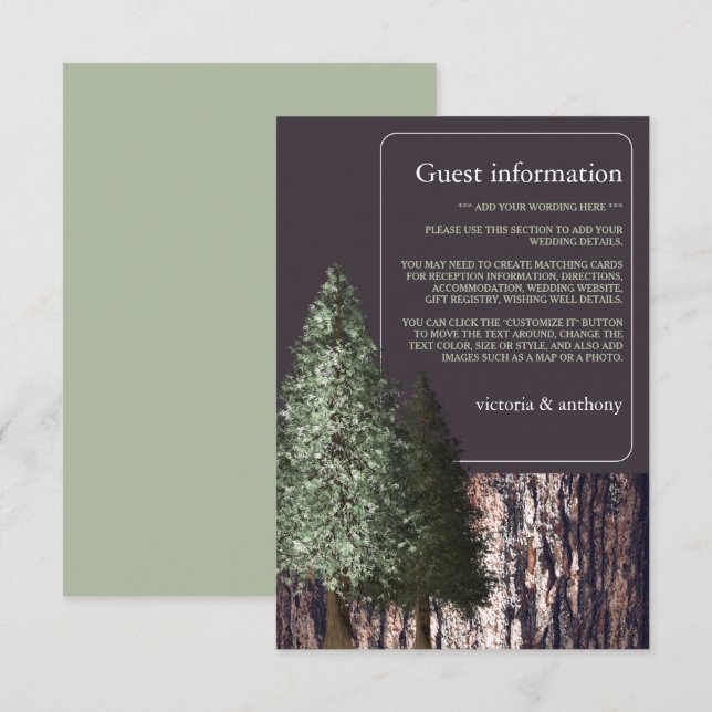 Tarjeta De Recepción Secuoyas y corteza, detalle de Boda rústico (Anverso / Reverso)