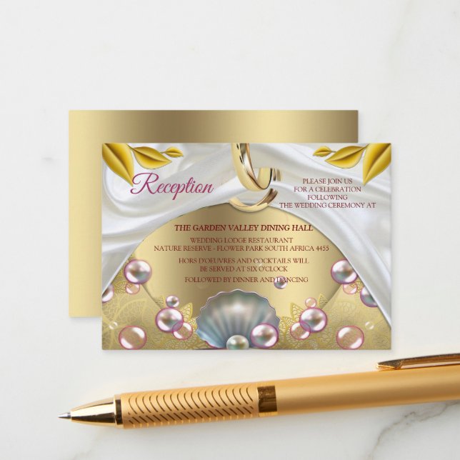 Tarjeta De Recepción Seda de marfil, encaje de oro y perlas y mármol (Anverso/Reverso In Situ)