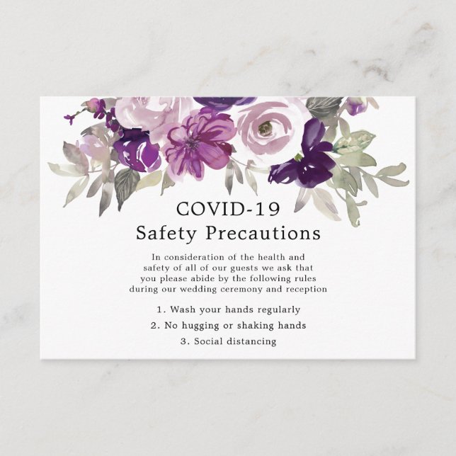 Tarjeta De Recepción Seguridad de boda floral violeta púrpura COVID-19 (Anverso)