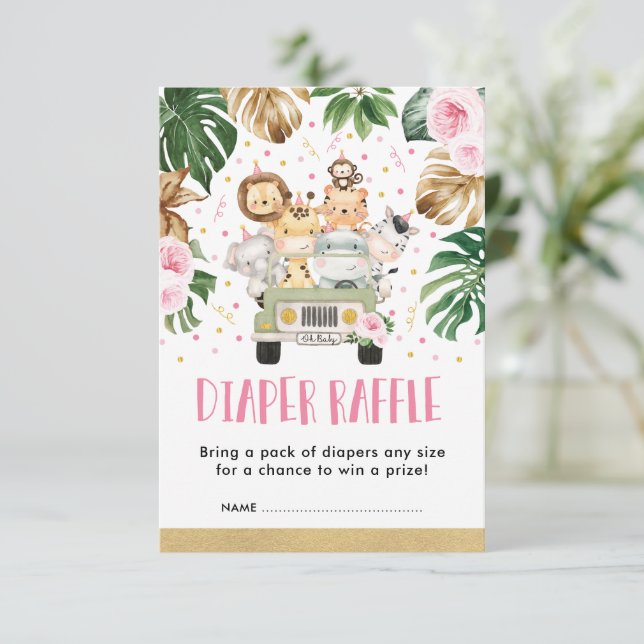 Tarjeta De Recepción Selva floral rosa Safari bebé Diaper Raffle (Anverso de pie)