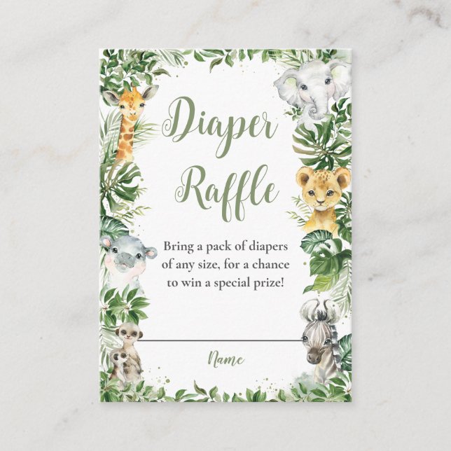 Tarjeta De Recepción Selva verde Safari animales bebé Diaper Raffle (Anverso)
