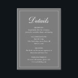 Tarjeta De Recepción Sencilla Boda Formal Tradicional Gris Elegante<br><div class="desc">Tarjeta de gabinete de estilo tradicional gris / boda gris con un diseño simple con "Detalles" en una caligrafía elegante dentro de un borde delgado. La plantilla le permite compartir información importante sobre su día especial. Este diseño clásico es perfecto para un boda formal.</div>