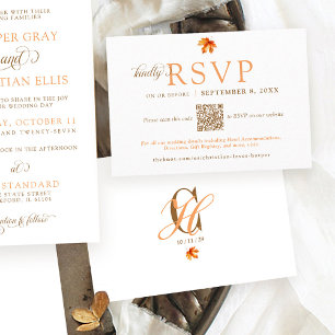 Tarjeta De Recepción Sencilla Hoja de Otoño Boda Rústica de Otoño QR RS