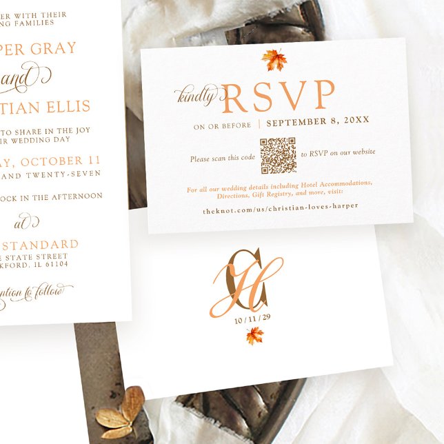 Tarjeta De Recepción Sencilla Hoja de Otoño Rústico Boda de otoño QR RS (Simple modern orange rust watercolor Fall leaf Autumn wedding invitation QR code website RSVP card)