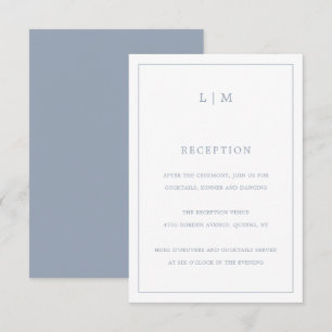 Tarjeta De Recepción Sencillo y turbio Monograma Azul Elegante Boda