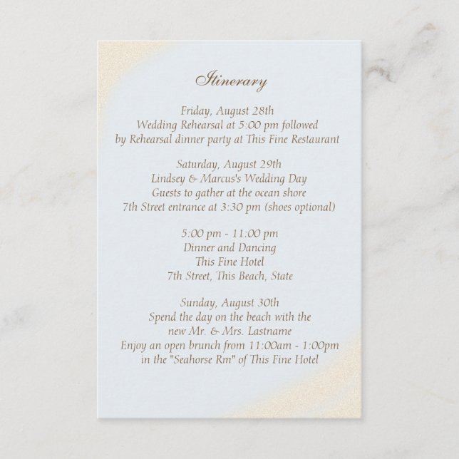 Tarjeta De Recepción Shell Beach Sea Shore Boda Intinerary (Anverso)