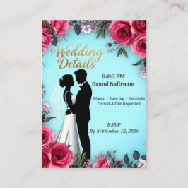 Tarjeta De Recepción 💍 Silueta de pareja de boda con rosa rosa turques
