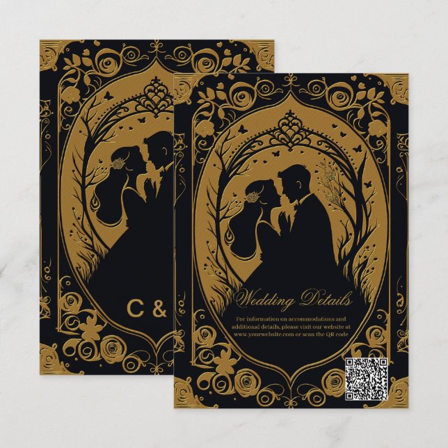 Tarjeta De Recepción Silueta elegante de una novia y un novio (Anverso / Reverso)