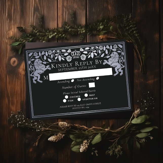 Tarjeta De Recepción Silver Black Medieval Lion Wedding RSVP (Subido por el creador)