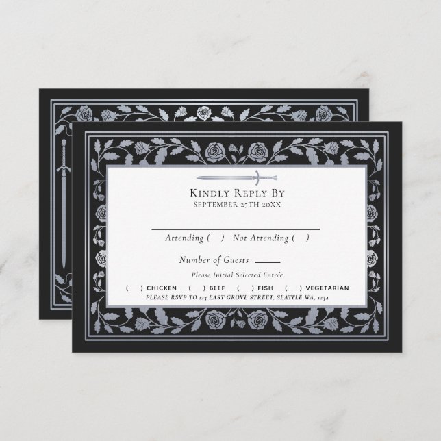 Tarjeta De Recepción Silver Black Medieval Sword Wedding RSVP Código QR (Anverso / Reverso)