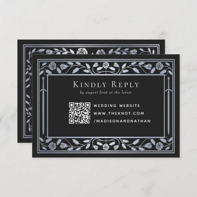 Tarjeta De Recepción Silver Black Medieval Sword Wedding RSVP Código QR (Anverso / Reverso)