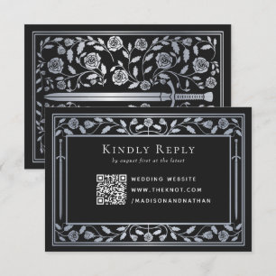 Tarjeta De Recepción Silver Black Medieval Sword Wedding RSVP Código QR