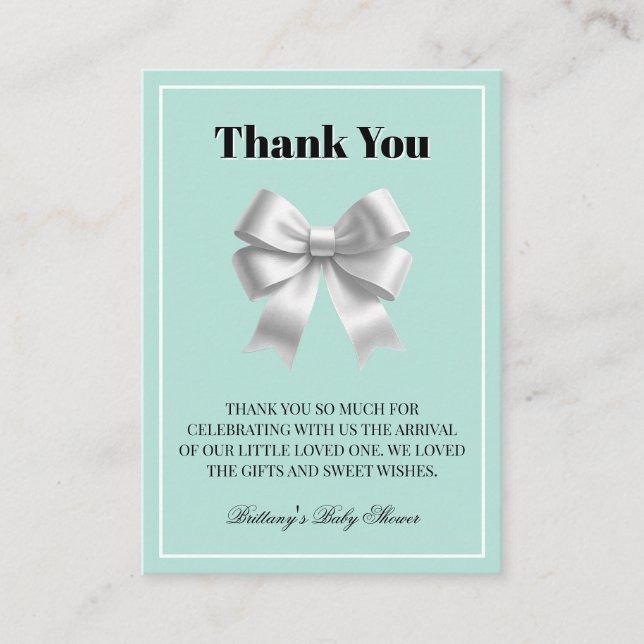 Tarjeta De Recepción Silver Bow Blue Baby Shower Verde azulado Gracias (Anverso)
