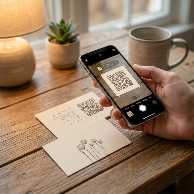 Tarjeta De Recepción Silvestres de código QR de tonos silenciados minim (Minimalist Muted Tones QR Code wildlowers RSVP Enclosure Card.)