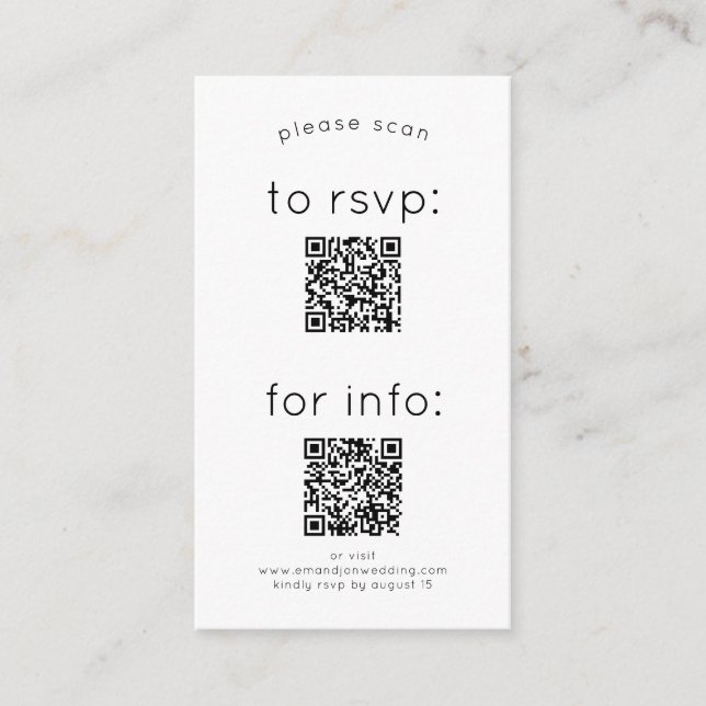 Tarjeta De Recepción Simple 2 códigos QR RSVP y Boda de detalles (Anverso)