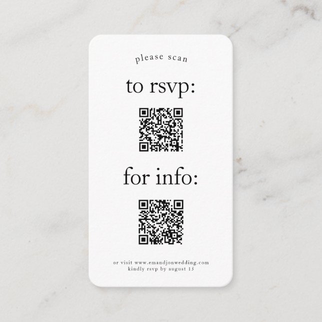 Tarjeta De Recepción Simple 2 códigos QR RSVP y Boda de información (Anverso)