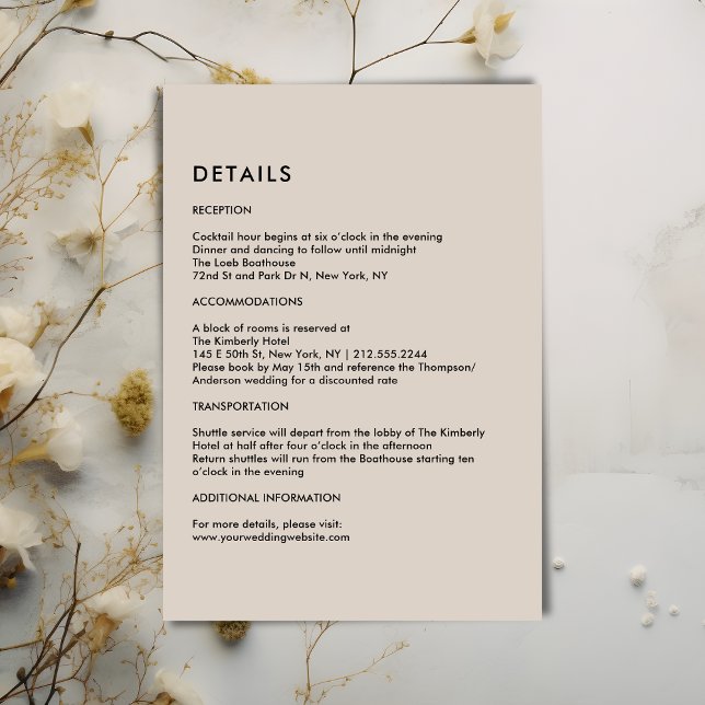 Tarjeta De Recepción Simple Beige Wedding Details  (Simple Beige Wedding Details Enclosure Card)