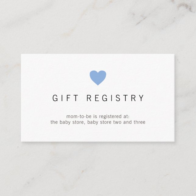 Tarjeta De Recepción Simple Blue Heart Gift Registry Boy Baby Shower (Anverso)
