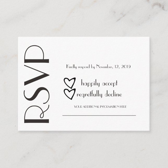 Tarjeta De Recepción Simple Boda Corazón Negro Blanco RSVP (Anverso)