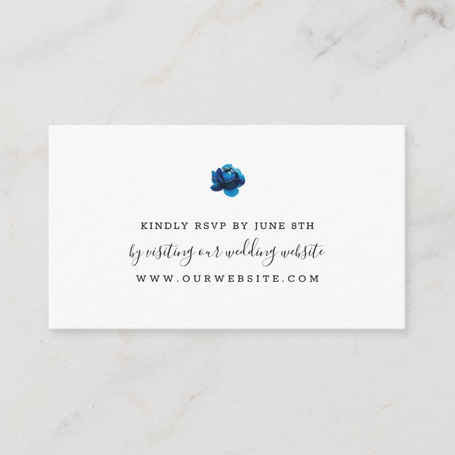 Tarjeta De Recepción Simple boda de Flor Azul Índigo RSVP online (Anverso)