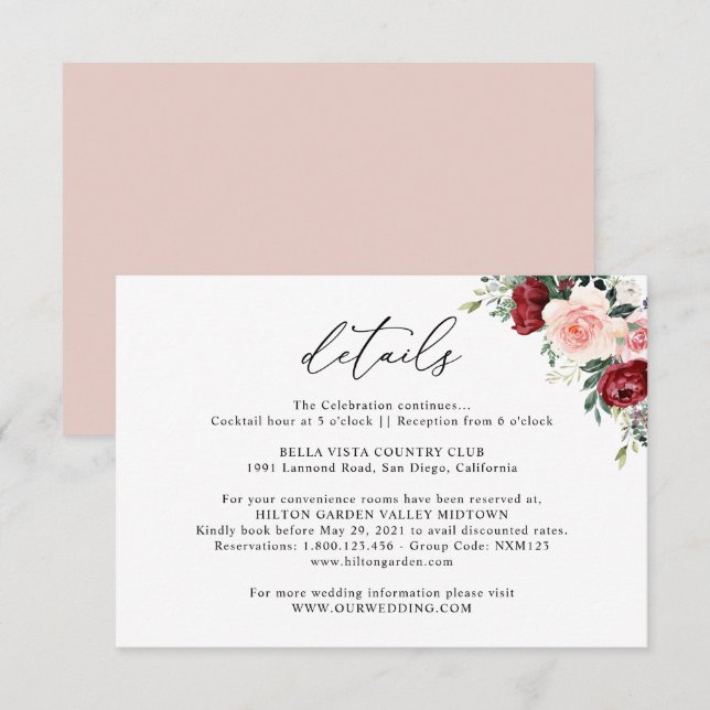 Tarjeta De Recepción Simple Burgundy Rubor Floral Boda Detalles Enclo (Anverso / Reverso)
