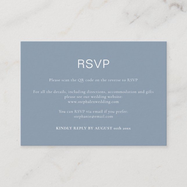 Tarjeta De Recepción Simple Código QR RSVP Azul Polvoriento (Anverso)