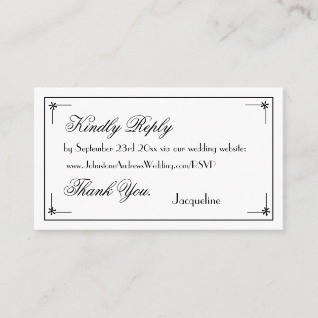 Tarjeta De Recepción Simple elegancia Moda Nombre guión matrimonio blan (Anverso)