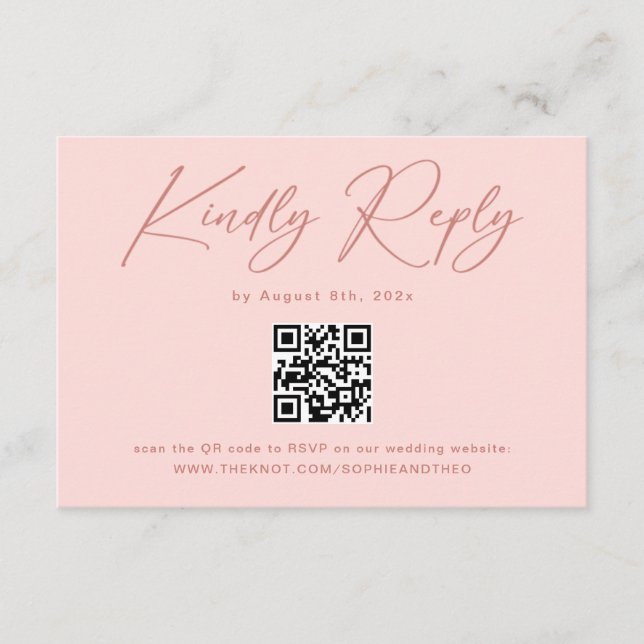 Tarjeta De Recepción Simple Elegante Código QR Rosa Beige RSVP Boda (Anverso)