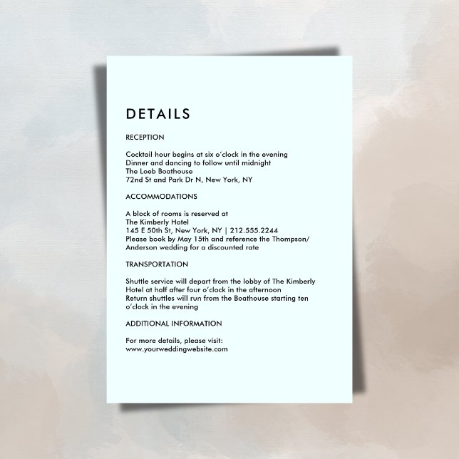 Tarjeta De Recepción Simple Light Blue Wedding Details  (Simple Light Blue Wedding Details Enclosure Card)
